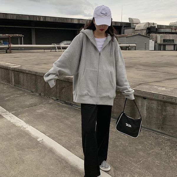 

women's hoodies & sweatshirts zip-up women korean style vintage solid color long sleeve oversized hooded sweatshirt lady casual large c, Black