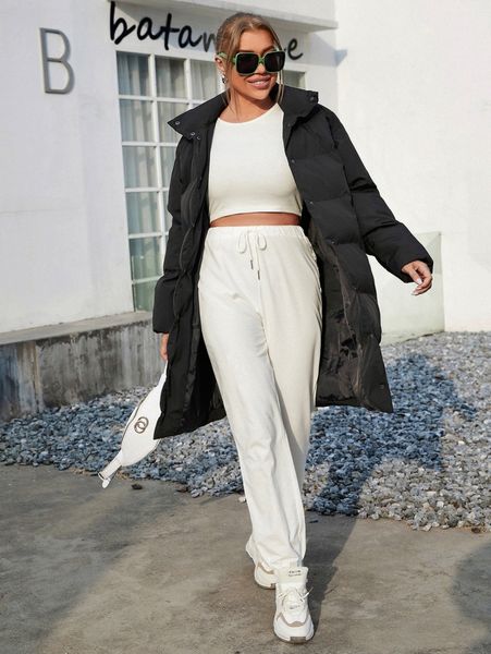 

drop shoulder pressed button longline puffer coat j3da#, Black