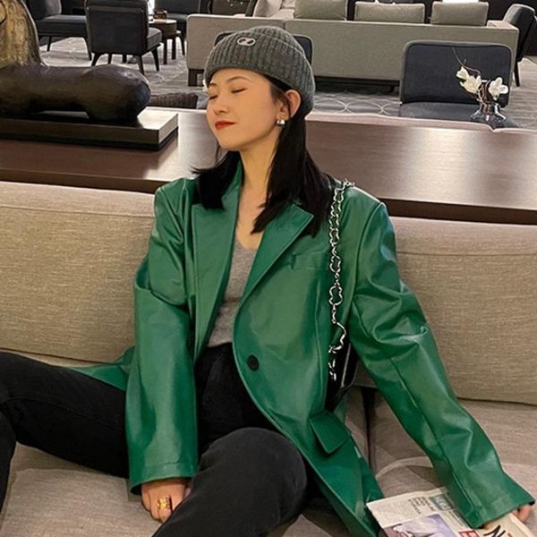 

women's jackets [ewq] 2021 spring female turn-down collar long-sleeved solid color single breasted suit loose minimalist pu leather coa, Black;brown