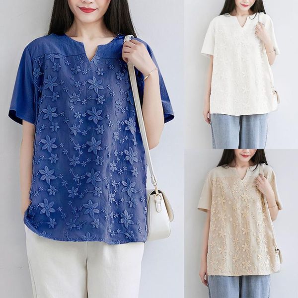 

women's blouses & shirts womens blouse solid color lace embroidery short-sleeved v-neck stitching loose and thin cotton linen shirt, White