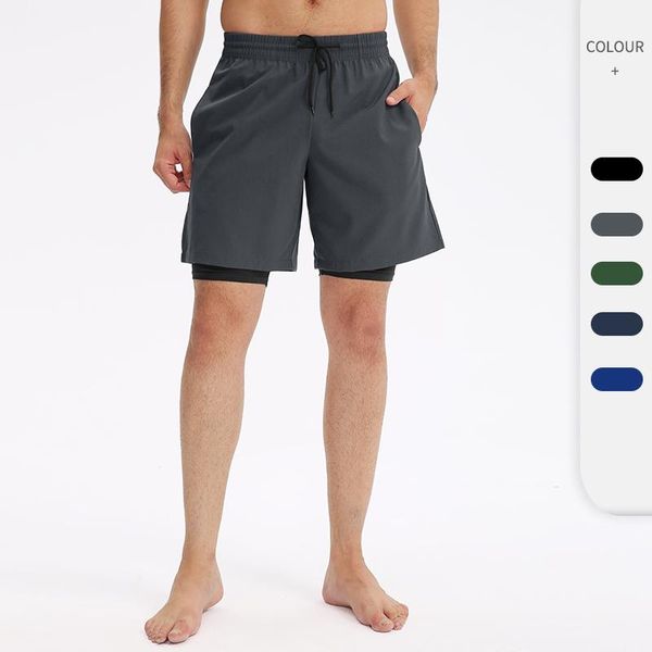 

running shorts men's compression double-layered sweatpants pocket gym jogging fitness quick dry sportswear elastic sweat, Black;blue
