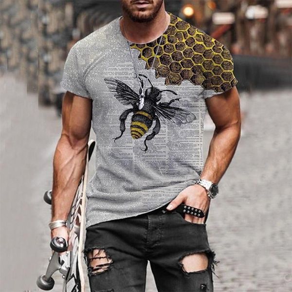 

men's t-shirts summer men short sleeve t-shirt o-neck bee printed polyester comfortable clothes breathable casual blouse skin-friendly, White;black