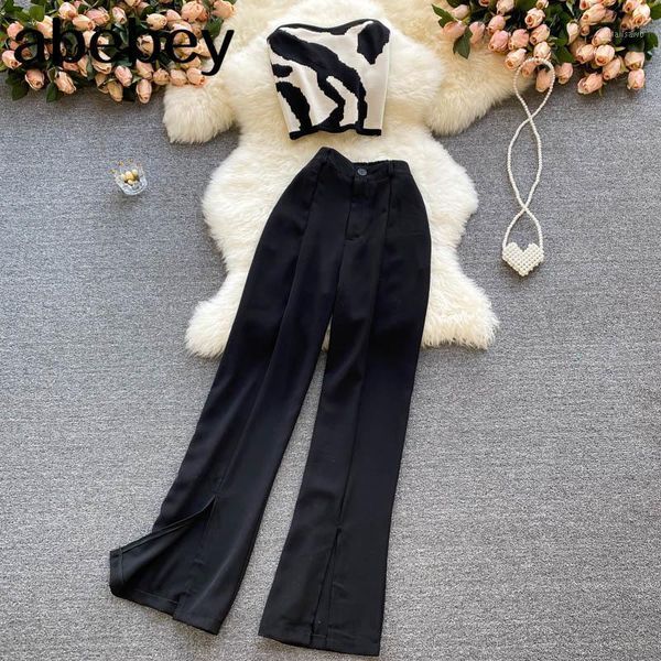 

women's two piece pants women summer fashion korean set off shoulder slim print strapless high waist split long suits, White