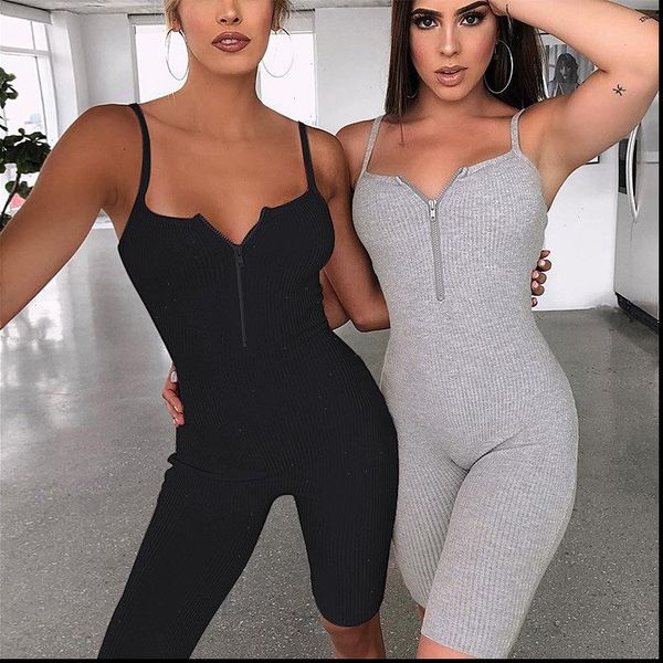 

casual women romper woman ribbed playsuit summer jumpsuit short femme jump suit rompers backless bodysuit black gray, Black;white