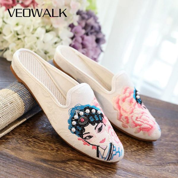 

veowalk beauty embroidered women cotton fabric mules slippers comfortable canvas slides ladies home outside pointy shoes, Black