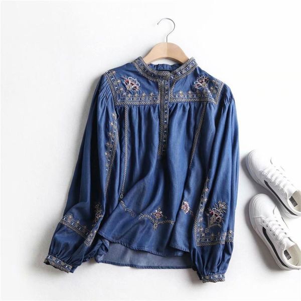 

women's blouses & shirts 2020 spring arts style women long sleeve stand collar loose tencel denim shirts vintage embroidery blou, White