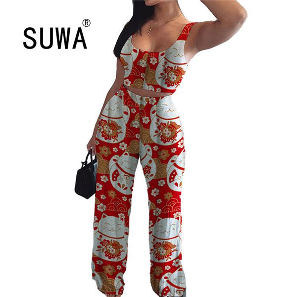 

women sets pants and elegant fashion red printed two piece set vest tunic + wide leg trousers work outfits tracksuit 210525, White