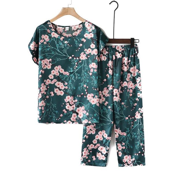 

women's two piece pants summer pajamas suit for mother short sleeve printed home service loose and comfortable grandma two-piece, White
