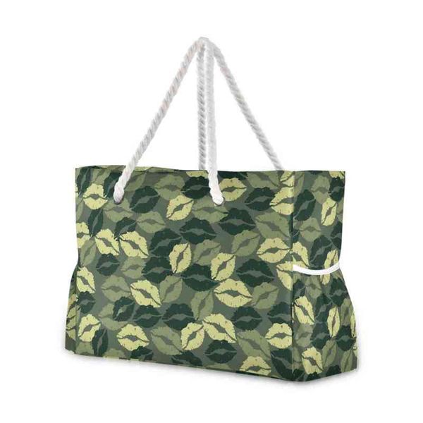 Borse per la spesa Borse da spiaggia da donna Camouflage con labbra baciate Borse da donna Borse a tracolla in nylon Tote Borsa per la spesa di grande capacità di alta qualità 220310