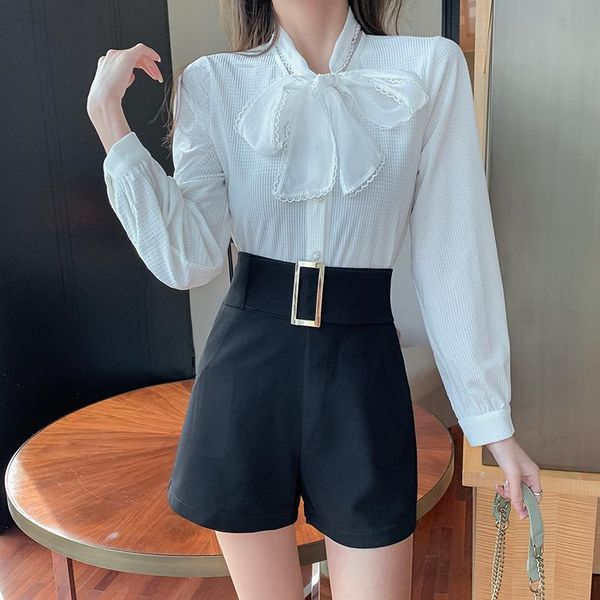 

women's shorts high waist wide leg suit elegant fashion office lady design belt pocket short pants women white black solid casual