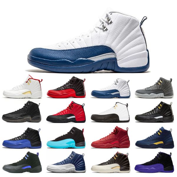 

with box 12s basketball shoes 12 for man black purple bulls dark grey fiba flu game french blue wings utility university gold indigo size 40