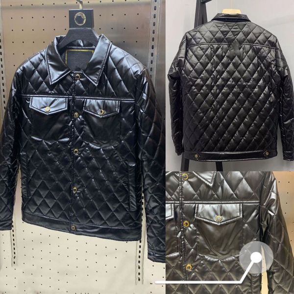 

men's motorcycle lapel jacket fall/winter lightweight shiny short faux pu leather casual embroidered diamond check cotton zipper fleece, Black;brown