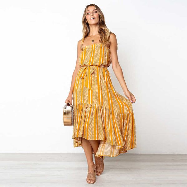 

striped printed slash neck spaghetti strap sashes lace up flounced edge dress summer beach holiday style irregular maxi 210604, Black;gray