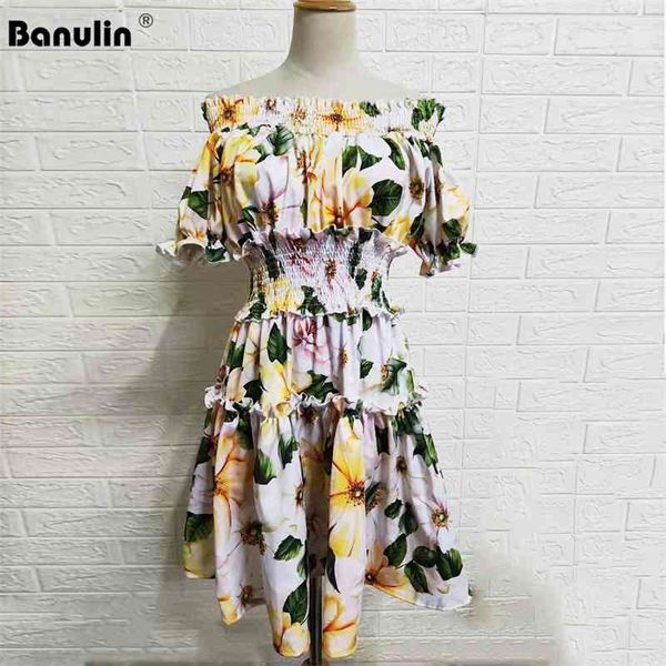 

banulin summer off shoulder beach party dresses women's flower print ruffles elastic waist short dress vestidos 210603, Black;gray
