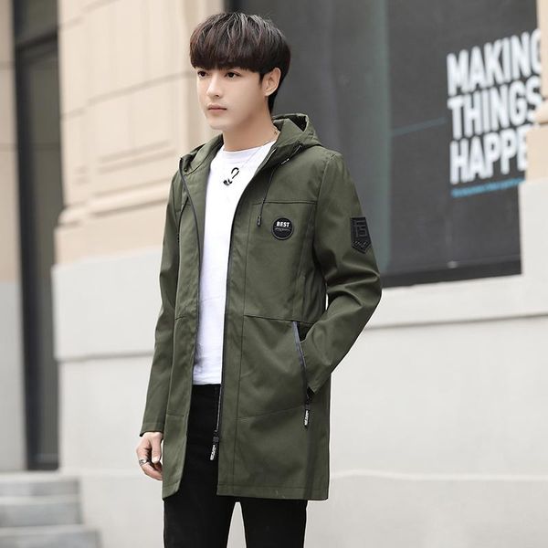 

men's jackets 2021 autumn casual mid-long hooded slim zipper thin windbreaker outerwear spring coat daily streetwear clothes, Black;brown