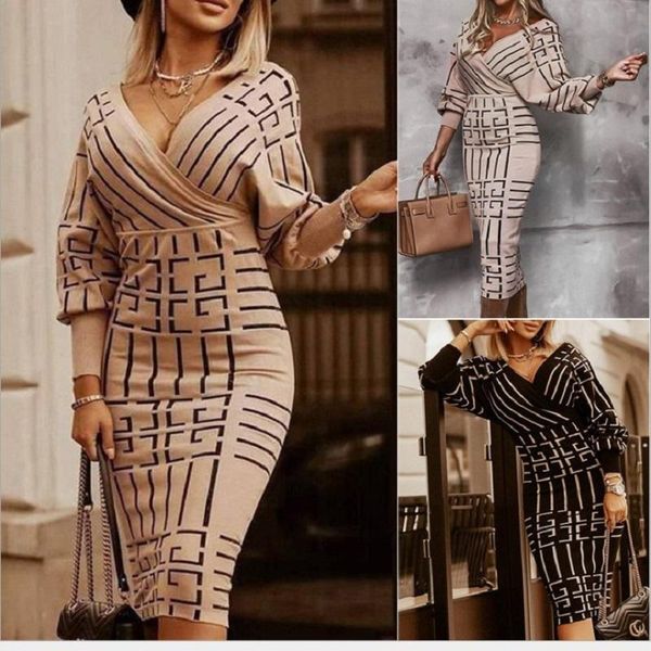 

casual dresses 2021 european and american women's fashion print long-sleeved v-neck waistband hip dress, Black;gray