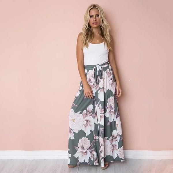 

women's pants & capris womens high waist long trousers flare wide leg loose harem comfy ladies casual lace up floral printed drawstring, Black;white