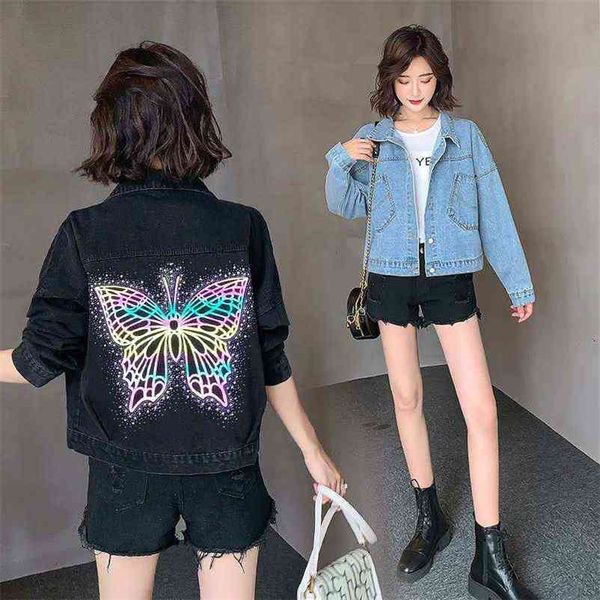 

reflective butterfly denim jacket female korean version loose short bf wind all-match long-sleeved autumn trend 210510, Black;brown
