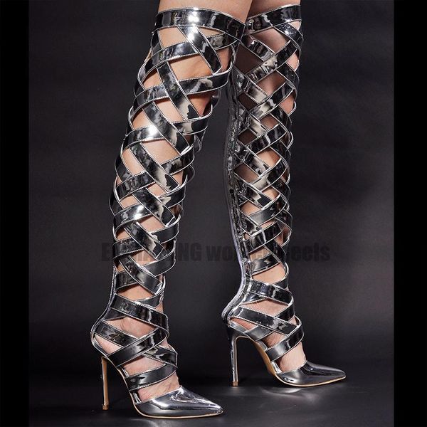 

boots 2021 women pointed toe stiletto hollow out over the knee autumn sandals thin high heels party, Black