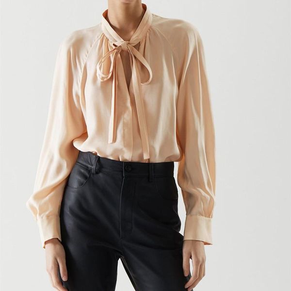 

women's blouses & shirts 2021 early autumn women temperament bow tie blouse simple lace-up loose single breasted long sleeve office lad, White