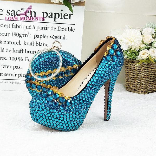 

blue crystal wedding shoes with bag sets fashion women's round pumps high heel party dress matching bags, Black