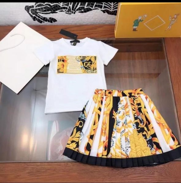 

children's short sleeve skirt set gold printed cotton girls' wear clothing sets, White