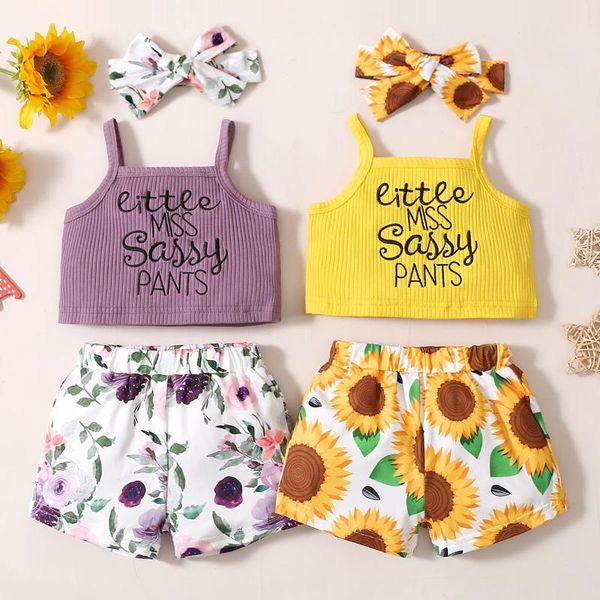 

clothing sets 3pcs little girls outfit, children summer sweet style sleeveless suspender letter + floral printing shorts bow headwear, White