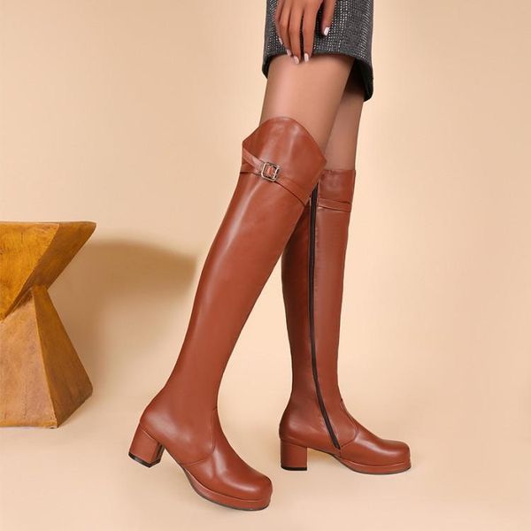 

boots shoes women 2021 round toe winter footwear thigh high heels zipper white med rubber ladies autumn leath, Black
