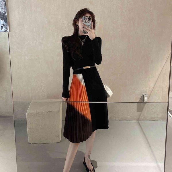 

a line crew elegant knitted pleated midi 2021 fall winter sleeve vintage black print long formal party women es, Black;gray
