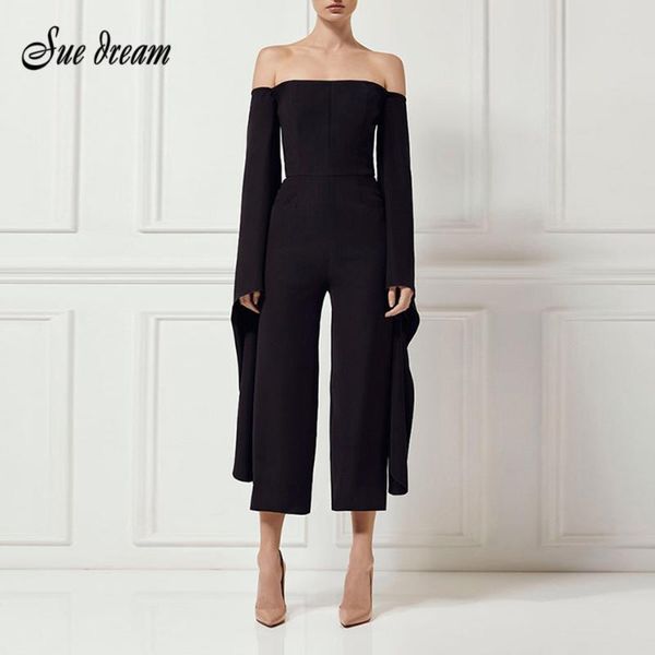 

women's jumpsuits & rompers 2021 summer women long sleeves slash neck loose celebrity party black jumpsuit vestidos wholesale, Black;white
