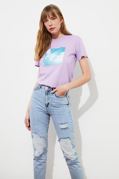 

women's t-shirt trendyol printed semifitted knitted twoss21ts2078, White