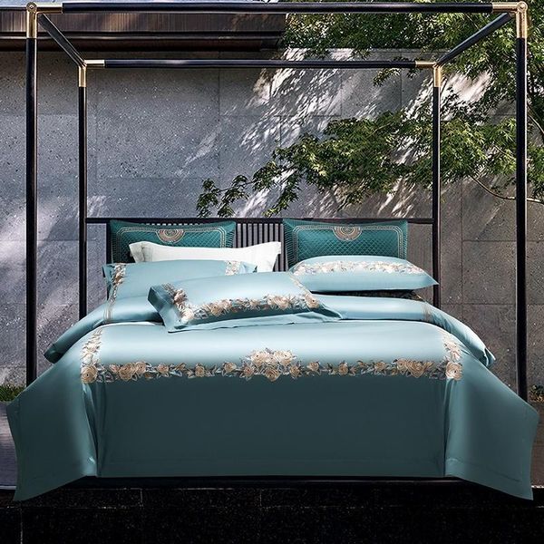 

bedding sets 100% elegant wildflower embroidered duvet cover set  king 4pcs egyptian cotton luxury soft bed sheet blue green