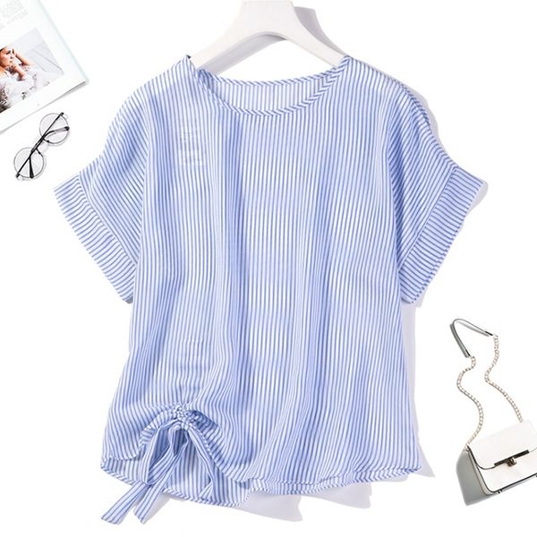 

t shirt women's 100% pure silk short sleeve shirt blouse bow tie slip shoulder blue stripes  jn163, White