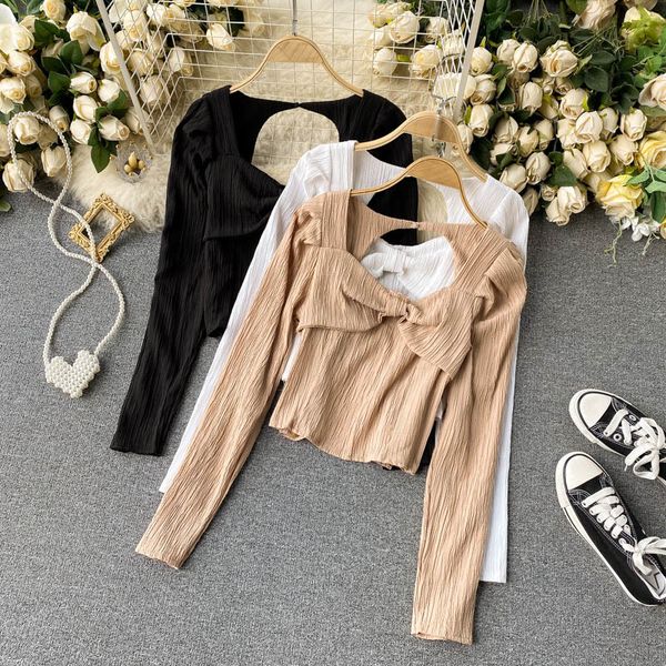 

blouses women hollow backless blouse french sweet bow long sleeve solid slim autumn fashion streetwear short blouses, White