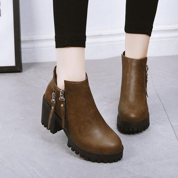 

boots 2021 autumn and winter european american thick heel short female side zipper round toe high, Black