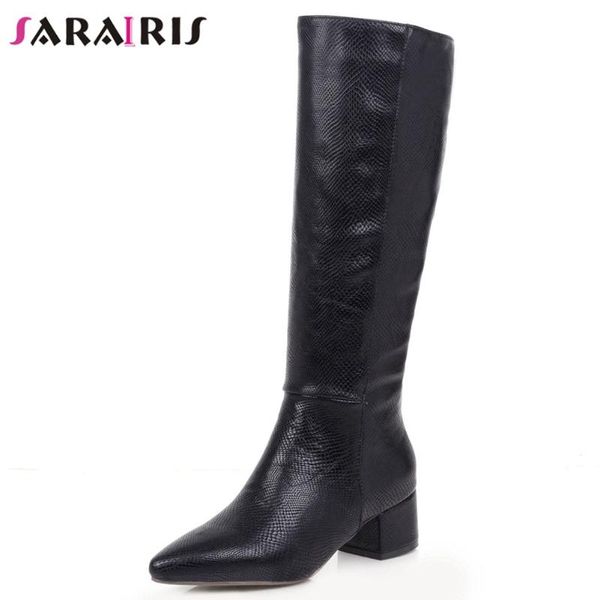 

boots sarairis fashion pointed toe fretwork women med heels ladies unique dress brand knee high shoes, Black