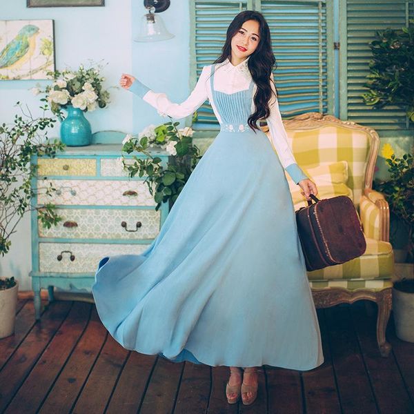 

casual dresses long skirt autumn and winter retro literature art sen female high waist slim fairy chiffon large swing, Black;gray
