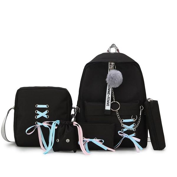 

school bag female 2021 style ribbon bow backpack multi-piece set korean canvas travel bags