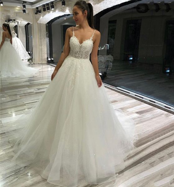 

spaghetti a line lace wedding dresses appliques sequined sweep train tulle lace-up plus size bridal gowns, White