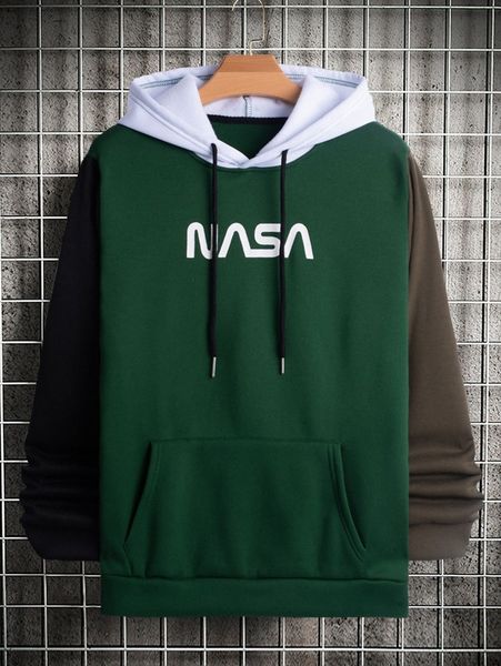 

men letter graphic color block drawstring hoodie n8jw#, Black