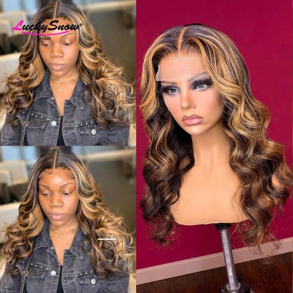 

lace wigs highlight wig human hair ombre body wave honey blonde 4x4 closure front, Black;brown