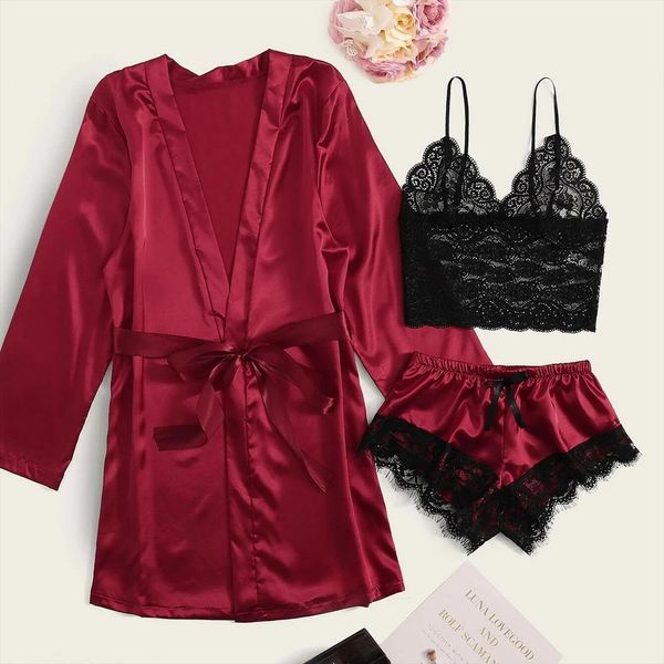 

pajama 3 pieces womens sleepwears satin silk pajamas sets lingerie lace patchwork home wear nighty amp robe suit, Black;red