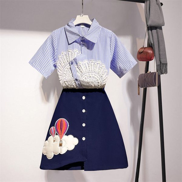 

two piece dress suit women summer style lace striped shirt irregular high waist half-length skirt fashion two-piece suit fvfk, White