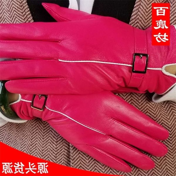 

new leather gloves women's winter sheepskin outdoor cycling gloves, Black