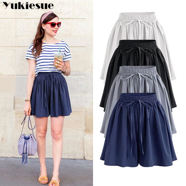 

shorts women solid color high wide leg chiffon harajuku clothes womens summer elastic girl short student elegant plus size 210518, White;black