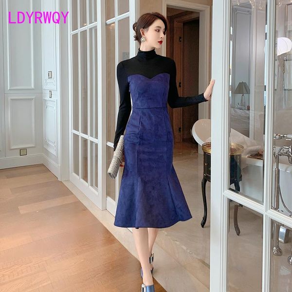 

casual dresses 2021 autumn french retro fight receiving waist fishtail long-sleeved dress with hips office lady cotton, Black;gray