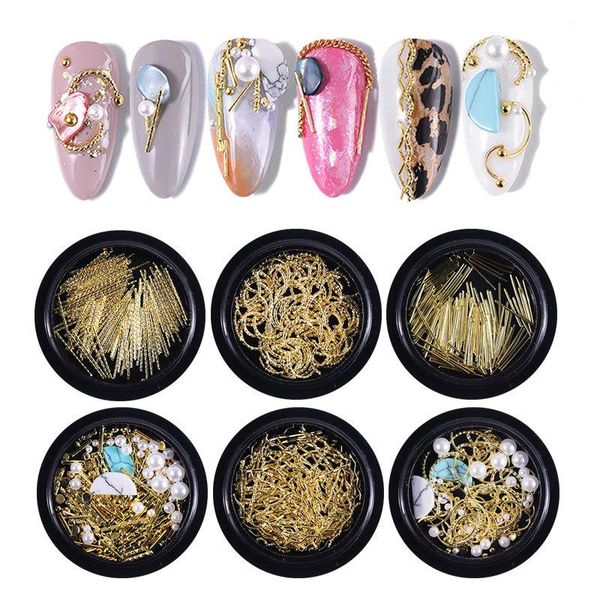 

nail art decorations 1 box gold matellic mixed 3d pearls bend metal studs rivets shell flakes charm uv manicure accessories, Silver;gold
