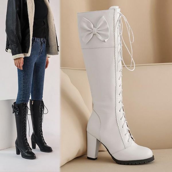

boots 2021 plus size high heels lolita sweet knee women shoes zip up black red pink white lady