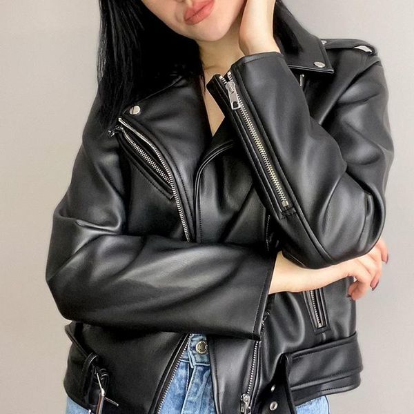 

women's leather & faux ly varey lin spring women zippers turn-down collar jacket lady fashion brown motorcycle girl pu streetwear, Black
