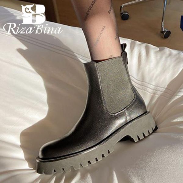 

boots rizabina real leather women shoes ankle thick heels slip on short boot cool outdoor fashion ladies footwear size 34-41, Black